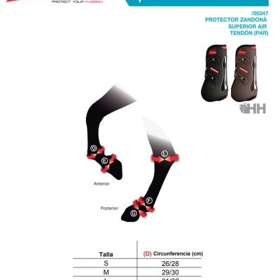 Protetores Zandonà Superior Air Tendón para cavalos, preto e vermelho, com tabela de tamanhos