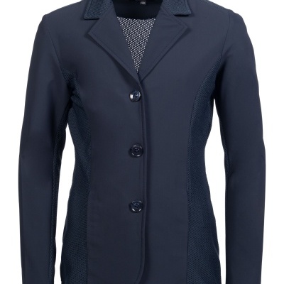 Blazer feminino azul escuro com malha lateral e três botões