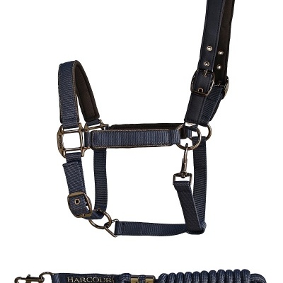 Cabresto azul escuro em nylon com guia enrolada e etiquetas HARCOURT