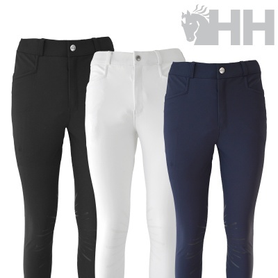 Três calças justas para equitação em preto, branco e azul escuro com botão metálico e bolsos.