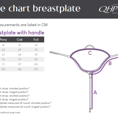 Tabela de tamanhos para peça de peito com alça QHP com medidas em centímetros para Pony, Cob e Full