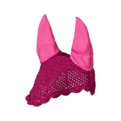 Touca cor de rosa para cavalo, feita em croché com orelhas em tecido.