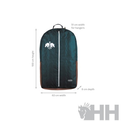 Mala preta com fecho branco e logótipos brancos, dimensões indicadas