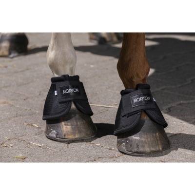 Proteções para cascos de cavalo NORTON em tecido preto nas patas dianteiras.