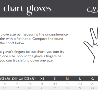 Tabela de tamanhos de luvas com instruções e logótipo QHP