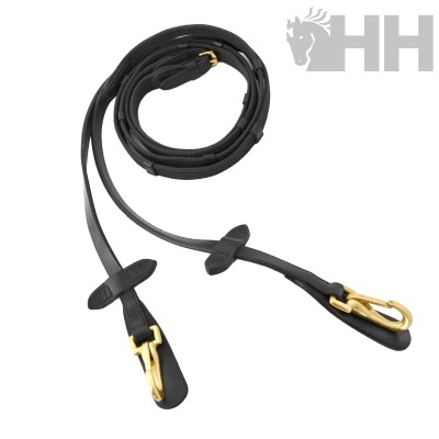 Guias para cavalo em nylon e couro preto com mosquetões dourados