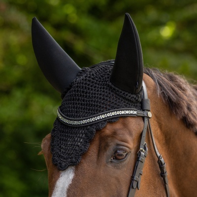 Cavalo com touca preta de malha e brilhantes nas orelhas e rédeas de couro pretas