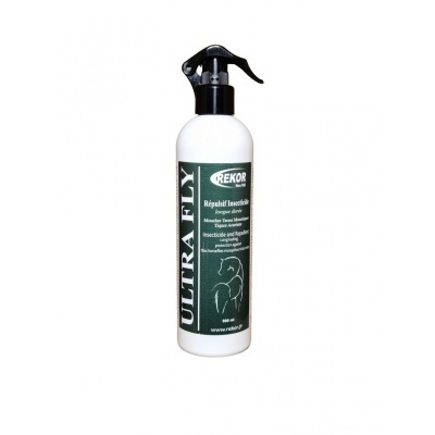 Frasco branco com pulverizador preto de inseticida repelente para aves REKOR Ultra Fly