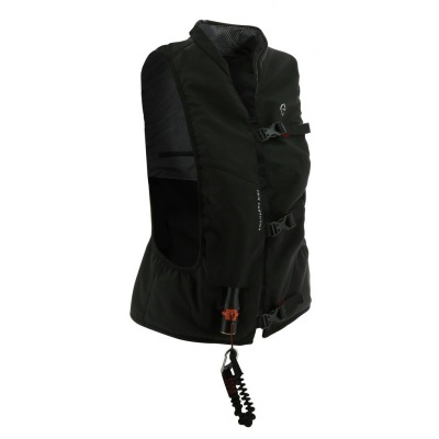 Colete de segurança preto com fechos e cordão elástico.