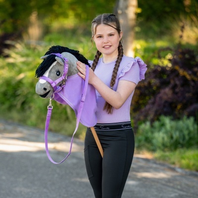 Menina com cavalo de pau cinzento e lilás em ambiente exterior