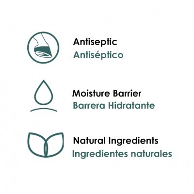 Ícones e texto sobre propriedades do produto: Antiséptico, Barreira Hidratante, Ingredientes naturais.