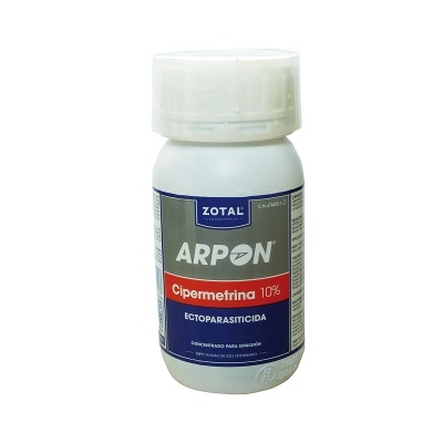 Frasco de medicamento ectoparasiticida com rótulo ZOTAL ARPON Cipermetrina 10%