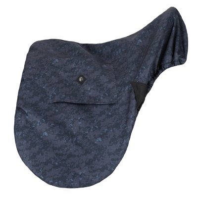 Capa azul escuro com padrão camuflagem digital e bolso com logótipo