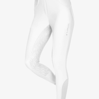 calças brancas para equitação com padrão texturizado interno e logo LeMieux