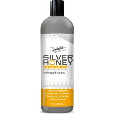 Frasco de champô medicado Absorbine Silver Honey com rótulo branco, cinza e amarelo.