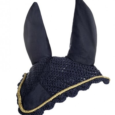 Touca para cavalo azul escuro com orelhas pontiagudas e acabamento dourado