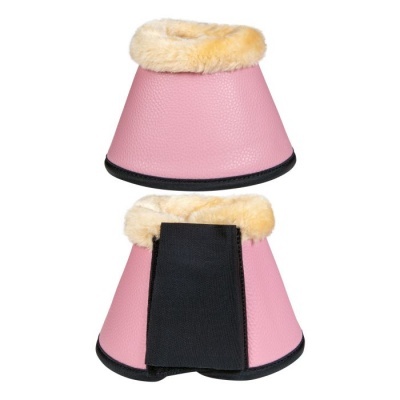 Protetores para cascos de cavalo rosa com pelo bege e fecho em velcro preto