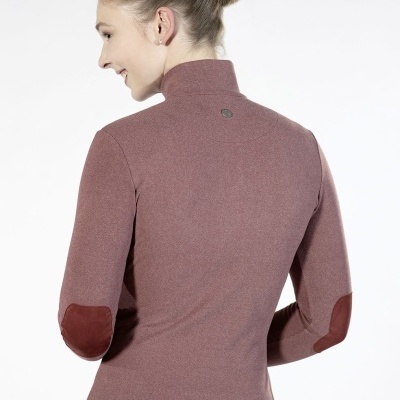 Camisola rosa antigo com gola alta e cotoveleiras castanhas vista de trás