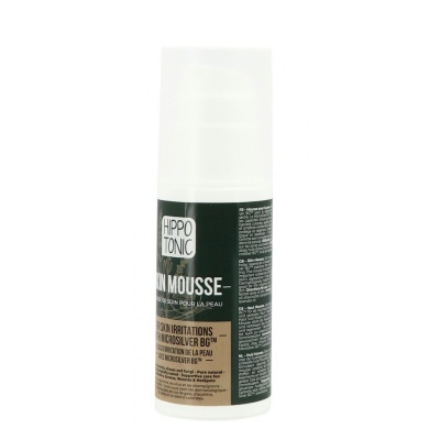 Frasco branco e preto de Hippo Tonic Skin Mousse com texto em francês e inglês.