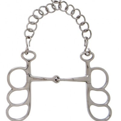 Freio metálico prateado com argolas múltiplas e corrente