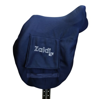 Capa azul escura para sela de cavalo com bolso e texto Zaldi