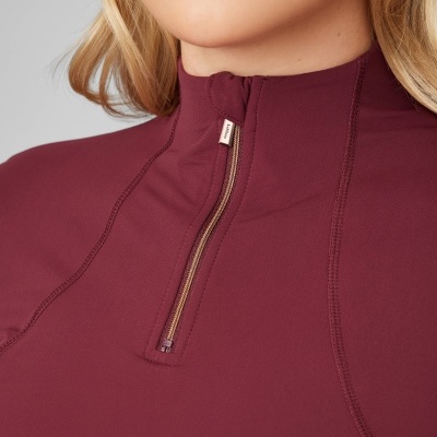 Blusa desportiva vinho com fecho de correr curto e gola alta