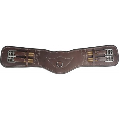 Cinta para sela em pele castanha com fivelas metálicas e argola central