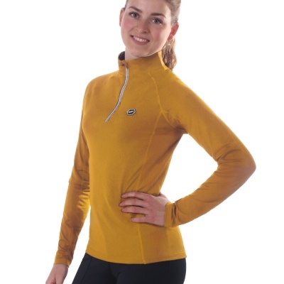 T-shirt feminina amarela com zíper curto e logótipo no peito