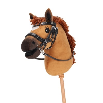 Cavalo de pau de peluche castanho claro com cabresto preto e pau de madeira