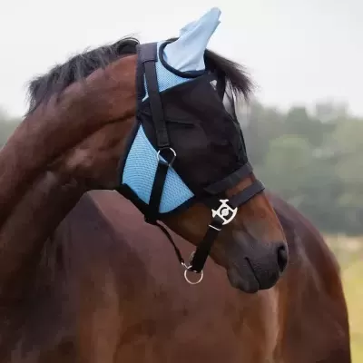 Cavalo castanho com máscara azul e preta para olhos e orelhas em ambiente exterior