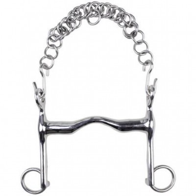 Freio metálico prateado para cavalo com corrente e travessão curvado