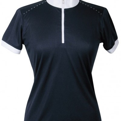 Camisola desportiva feminina azul escuro com gola e punhos brancos