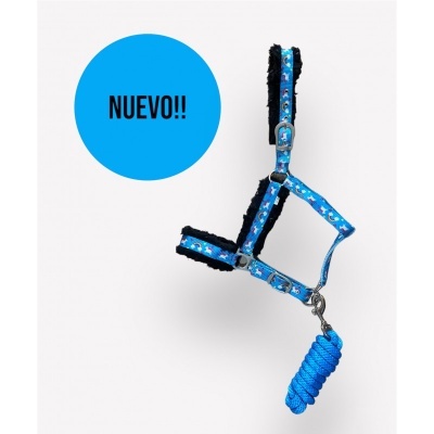 Cabresto azul para animais com estampa e corda azul com texto NUEVO!!