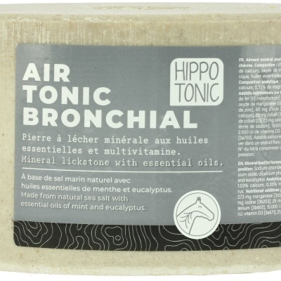 Produto cilíndrico beige com etiqueta Air Tonic Bronchial e imagem de cavalo.