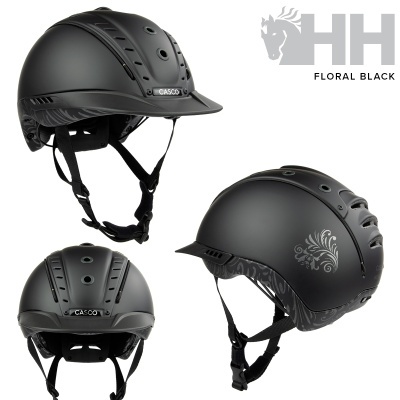 Capacete de equitação preto fosco CASCO com padrão floral cinza e tiras ajustáveis