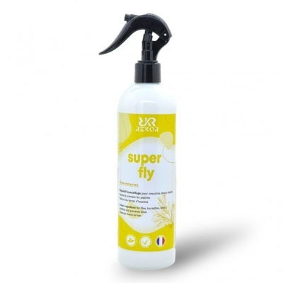 Frasco de spray branco com tampa preta e etiqueta amarela com texto