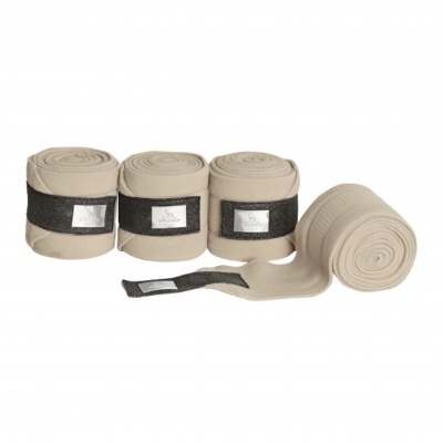 Conjunto de quatro bandagens elásticas bege com fecho velcro preto e rótulos Horse Guard.