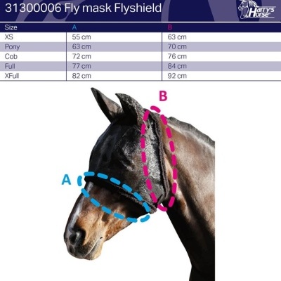 Máscara preta Fly mask Flyshield para cavalo com tabela de medidas em centímetros.