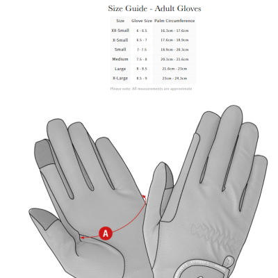 Guia de tamanhos para luvas adultas com imagens de luvas cinza e tamanhos em centímetros