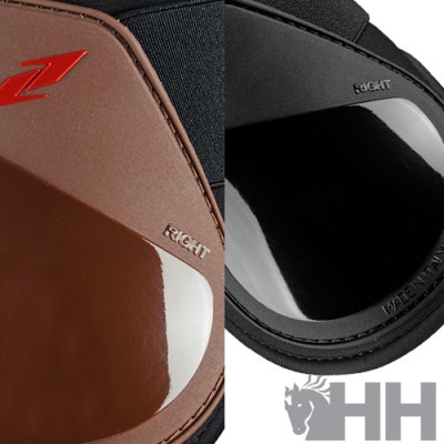 Proteções para joelhos castanha e preta com inscrições 'RIGHT' e logotipo vermelho, sobre fundo branco com logo HH cinza