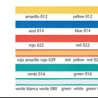 Amostras de fitas coloridas com nomes e códigos de cores em espanhol e inglês