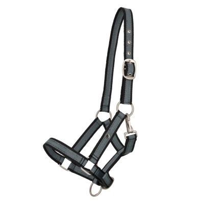 Cabresto para cavalo em nylon cinzento e preto com ferragens metálicas
