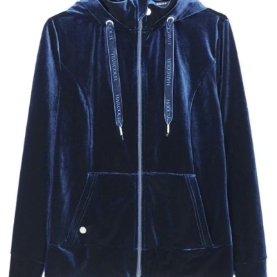 Casaco azul escuro de veludo com capuz e fecho de correr