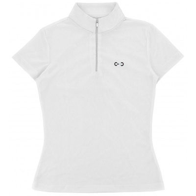 Camisola branca de manga curta com fecho e logotipo preto