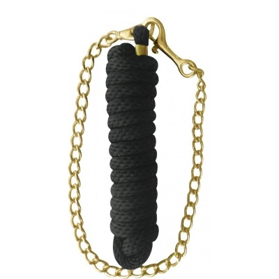 Corda preta enrolada com corrente dourada e mosquetão de metal dourado