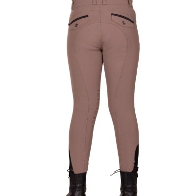 Calças de montaria bege com detalhes pretos vistas de costas