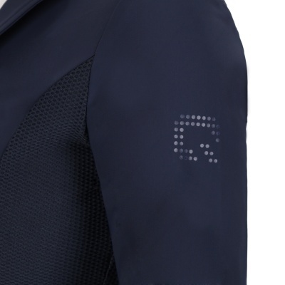 Peça de vestuário desportivo azul escuro com logotipo de pontos na manga