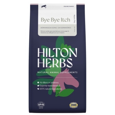 Embalagem azul escuro de suplementos naturais para animais Hilton Herbs Bye Bye Itch