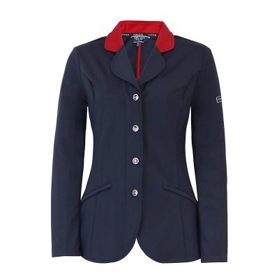 Blazer feminino azul escuro com gola vermelha e botões prateados