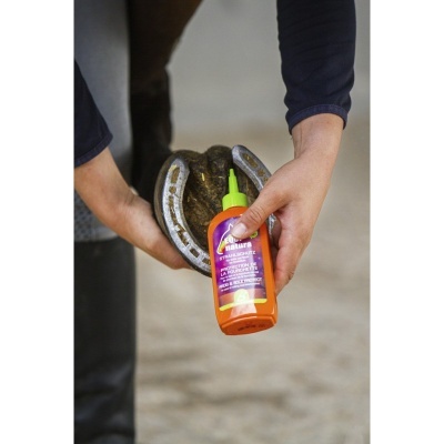 Pessoa a aplicar líquido em casco de cavalo com ferraduras